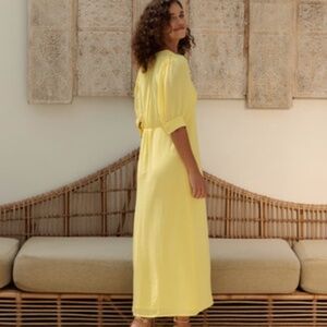 Vintage Maxi Dress Butter Yellow Pleated Pastel 3/4 sleeve cotton Scoop neck M